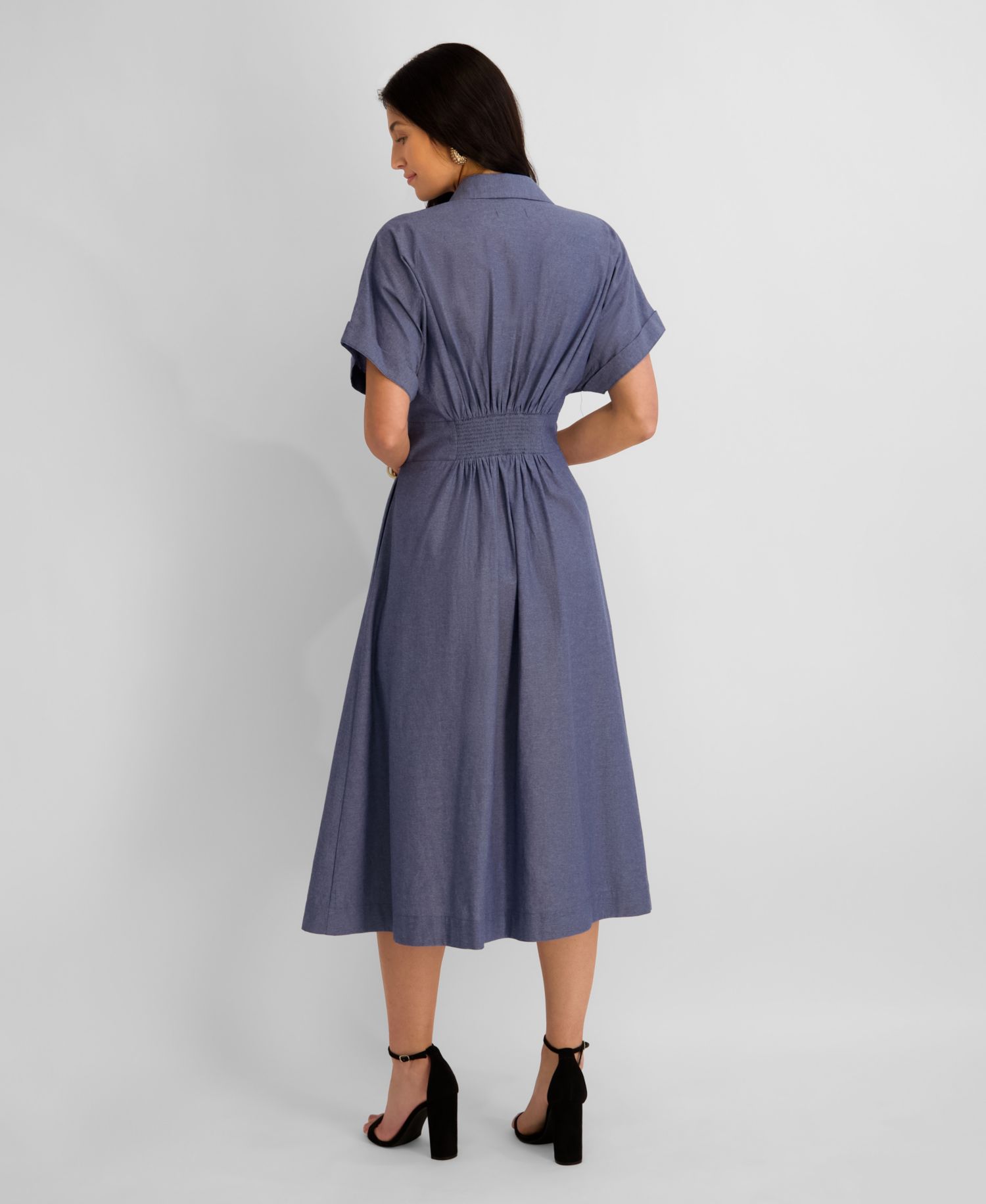 Women's Button-Front Short-Sleeve Midi Shirt-Dress
