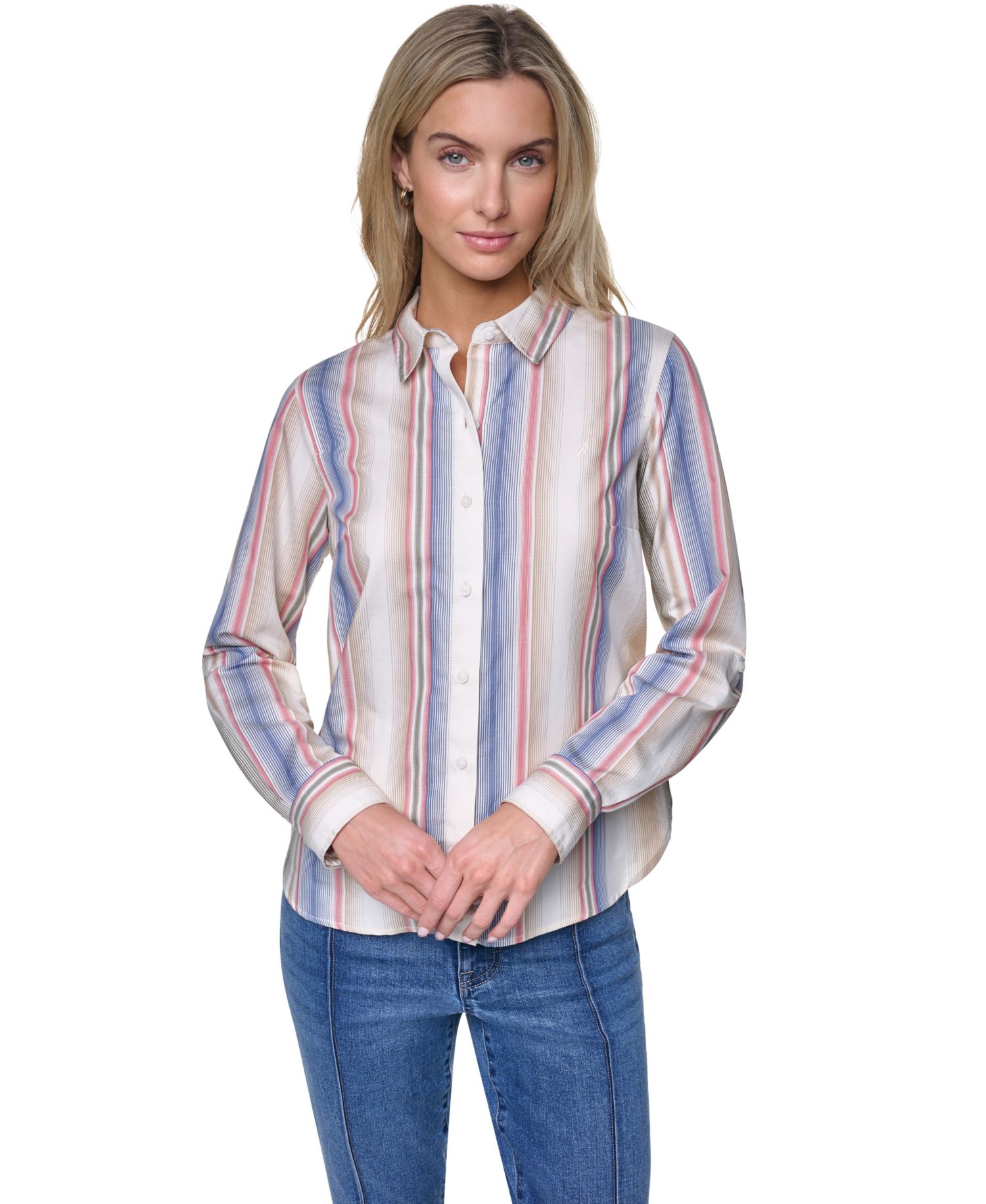 Women's Cotton-Blend Roll-Tab Button-Front Shirt