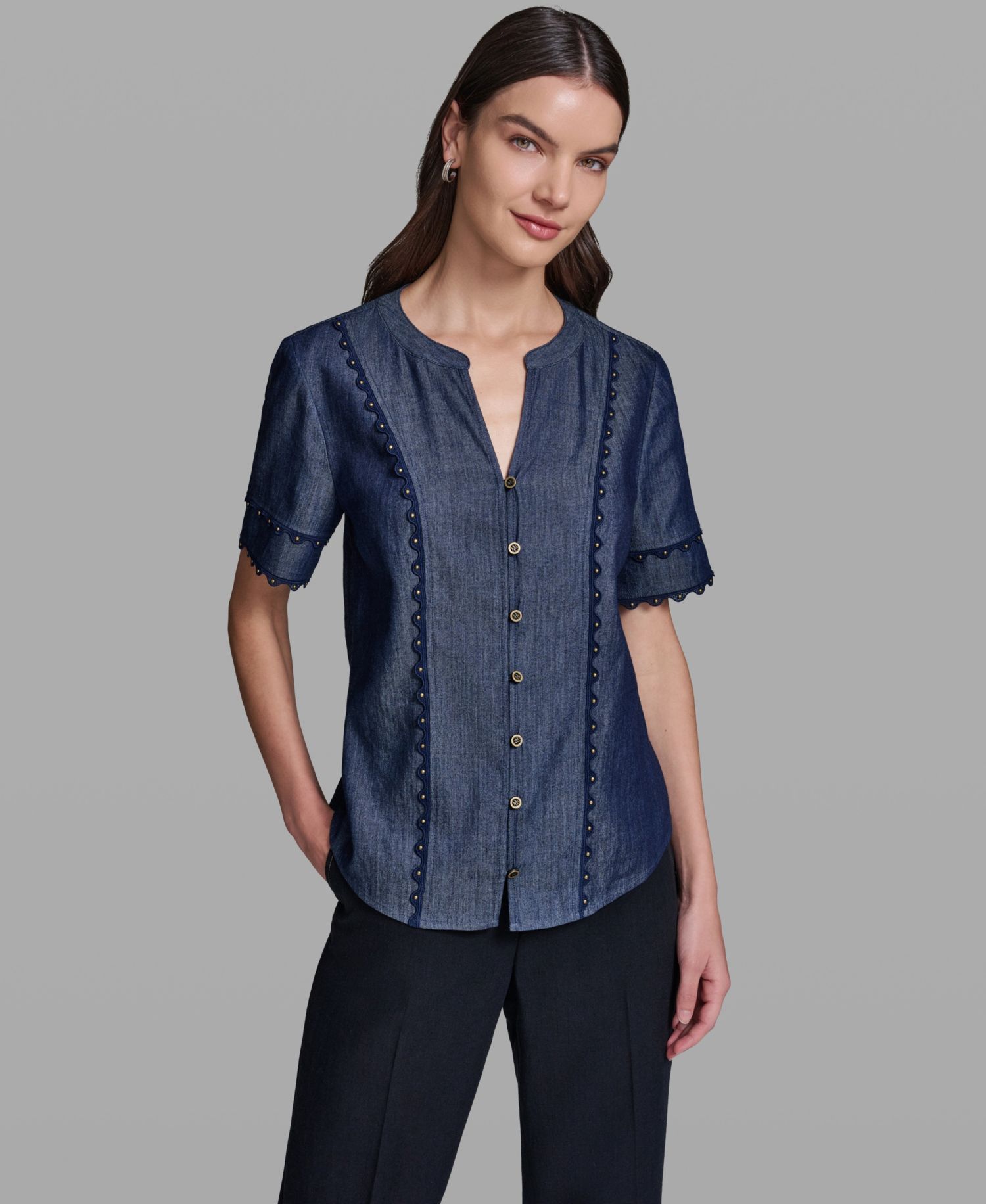 Women's V-Neck Nailhead Trim Short-Sleeve Blouse