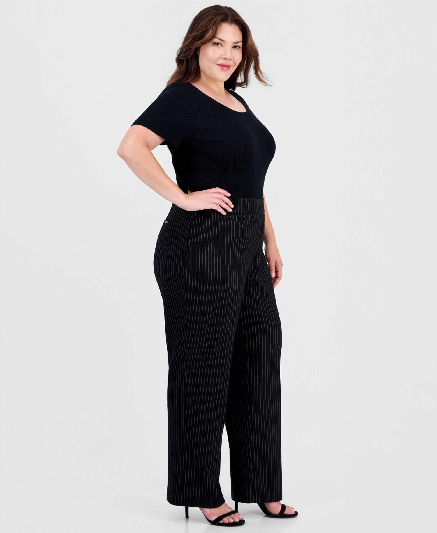 Plus Size Pull-On Pinstripe Wide-Leg Trousers