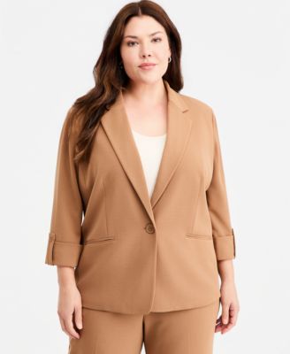 Plus Size Roll-Tab-Sleeve One-Button Blazer