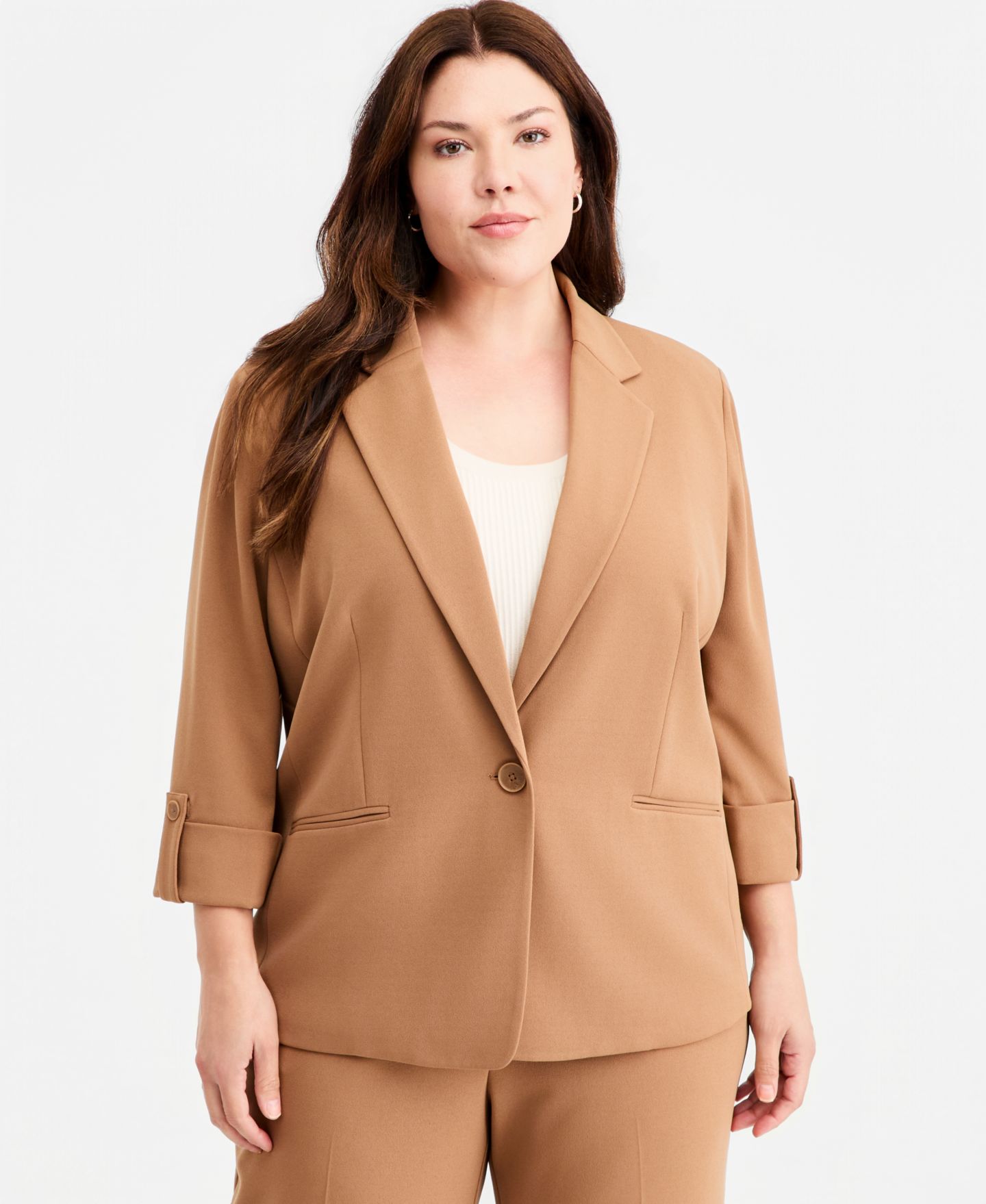 Женский пиджак Anne Klein Essentials Plus Size Roll-Tab-Sleeve One-Button Blazer, цвет: Vicuna — фото 1