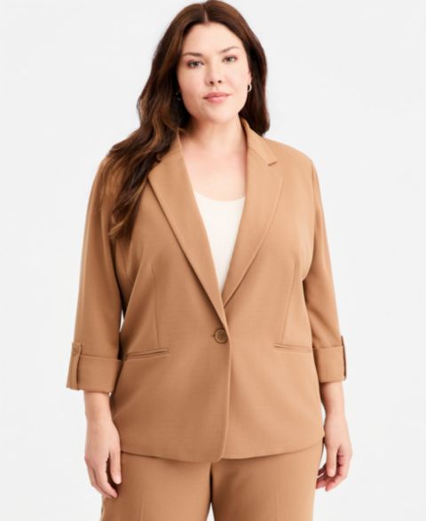 Женский пиджак Anne Klein Essentials Plus Size Roll-Tab-Sleeve One-Button Blazer, цвет: Vicuna
