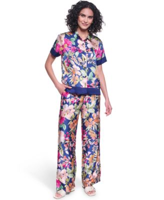 Women's Short-Sleeve Printed Camp Shirt and Women's Soft Floral Print Pull-On Pants