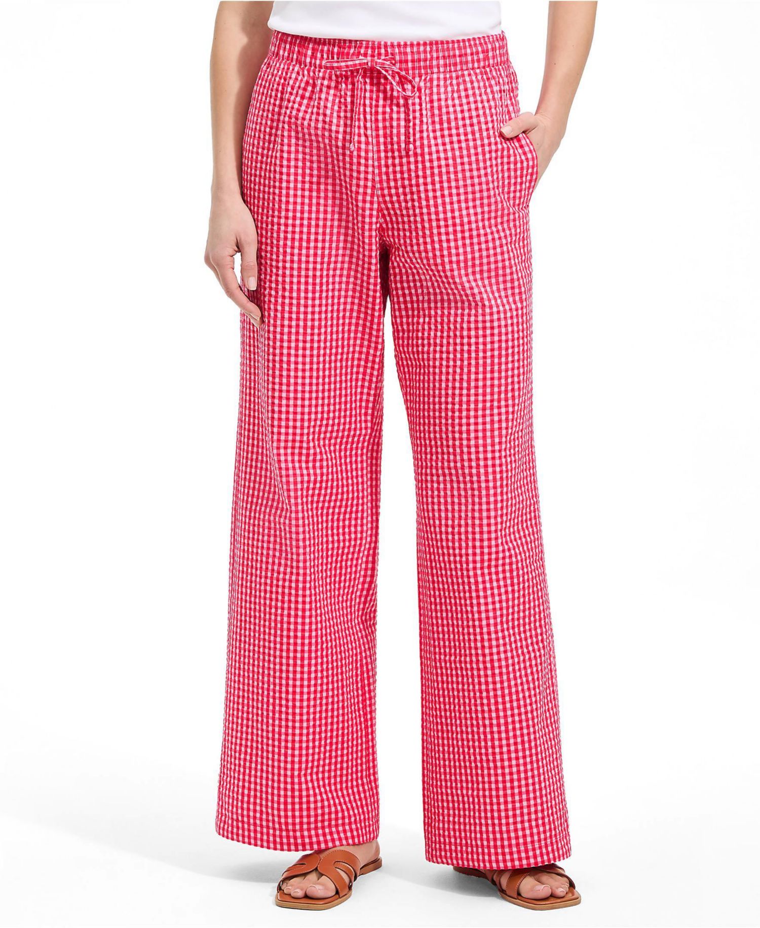 Women's Seersucker High Rise Drawstring Wide Leg Pants