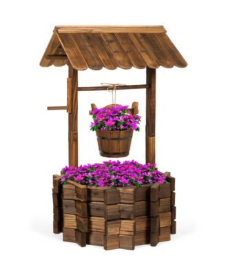 Rustic Wooden Wishing Well Planter Outdoor Home Decor for Patio, Garden, Yard Hanging Bucket