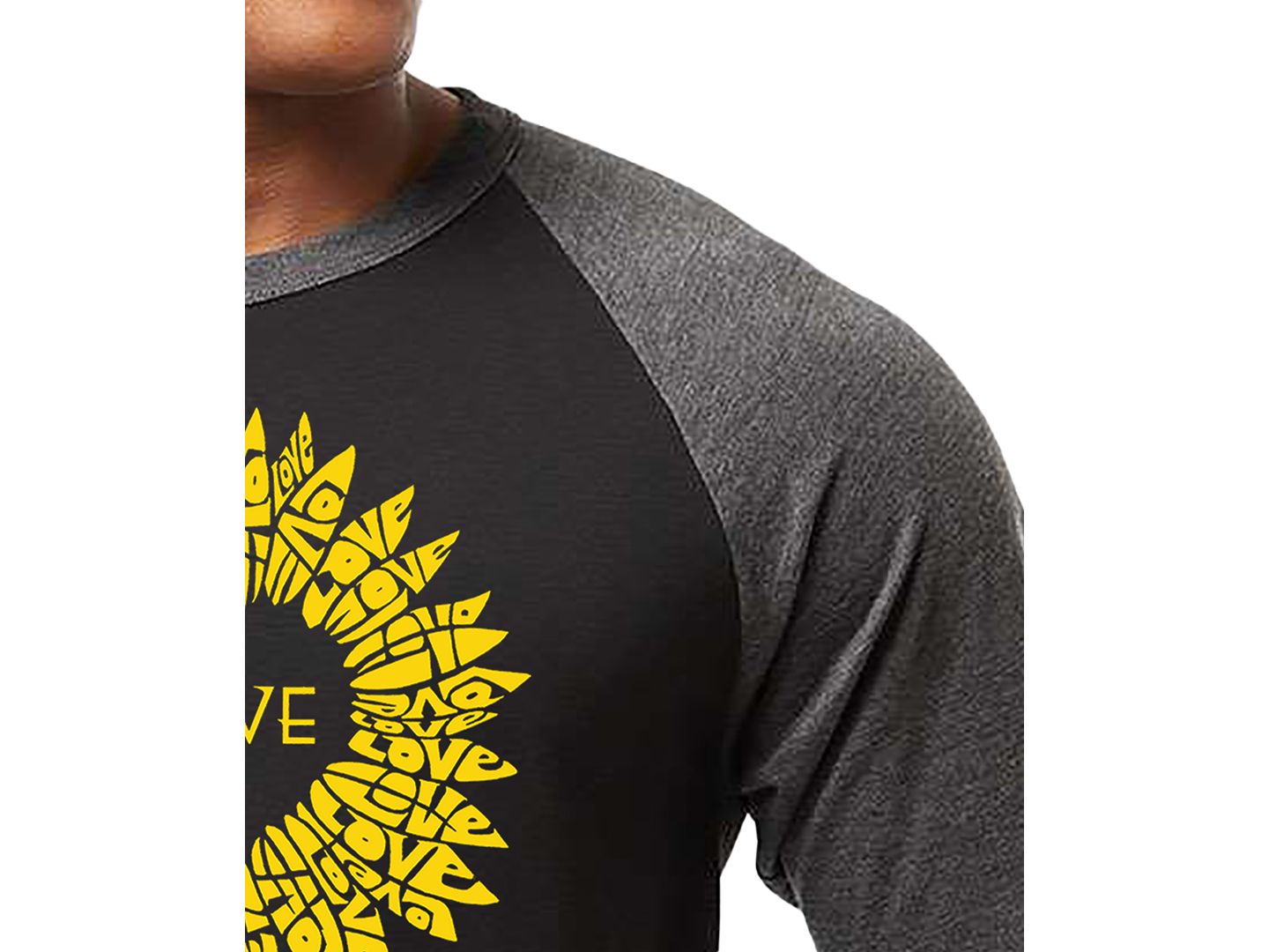 Мужская футболка LA Pop Art Love Sunflower Word Art Raglan-Sleeve, цвет: Чёрный / Серый — фото 2