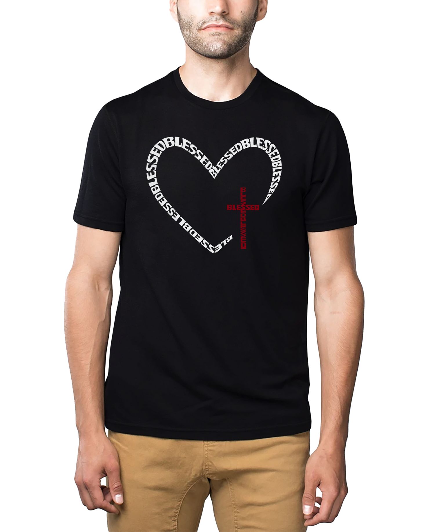 Men's Blessed Heart Cross Word Art Cotton and Polyester Blend T-Shirt