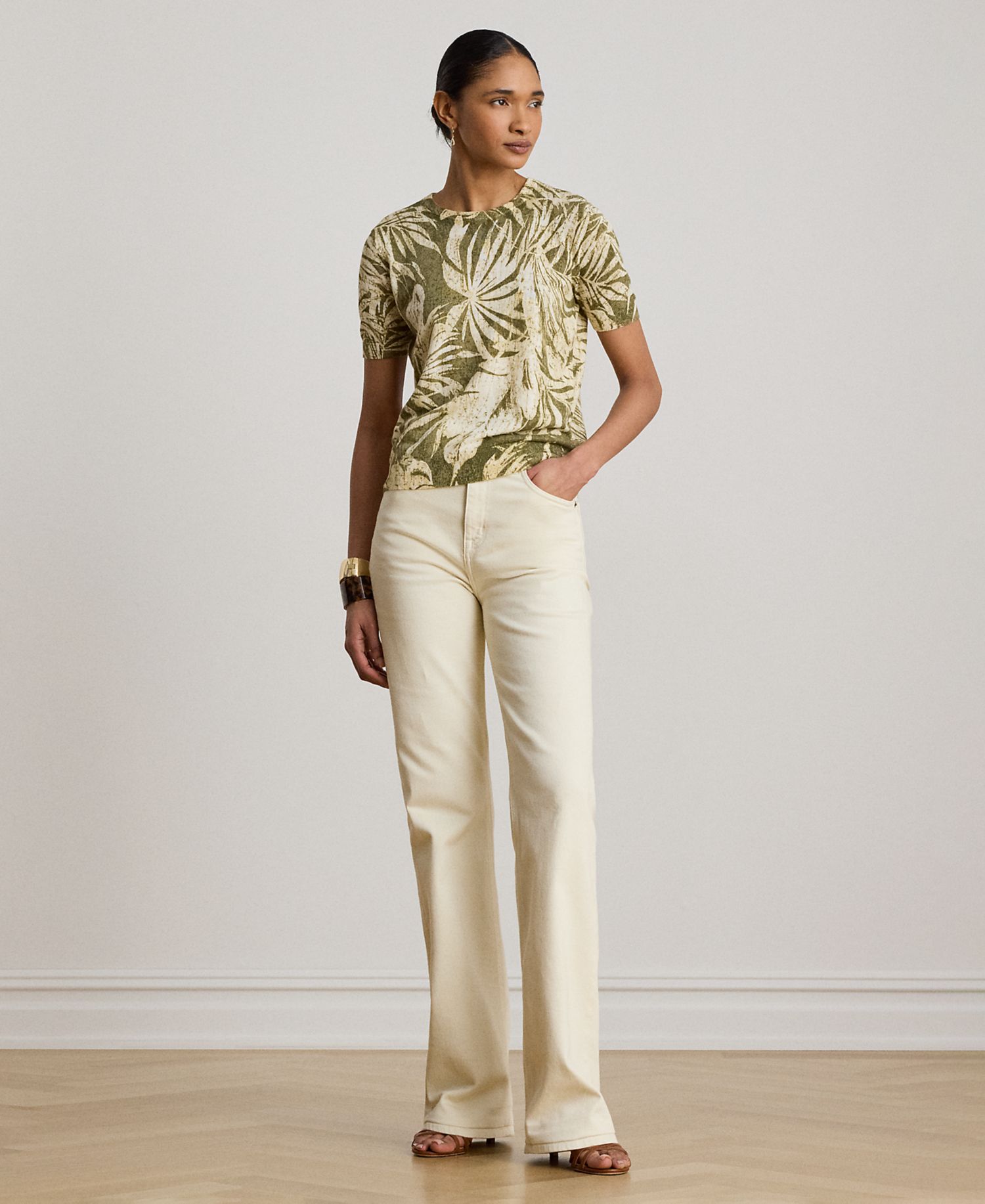 Petite Palm Frond Print Short-Sleeve Sweater