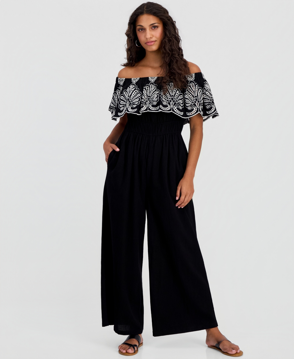And Now This Petite Cutwork Off-The-Shoulder Jumpsuit, Macy's Exclusive