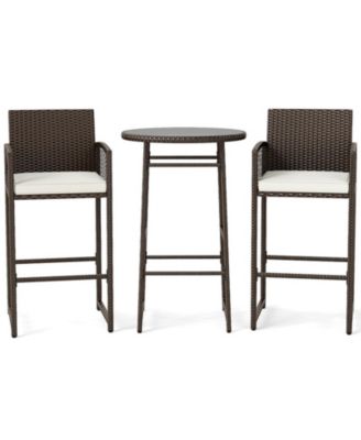 3 Piece Outdoor Patio Bar Set with PE Wicker Bar Height Table and 2 Cushioned Bar Chairs