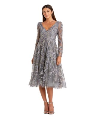 Women's Floral Embroidered Long Sleeve V Neck Midi Dress