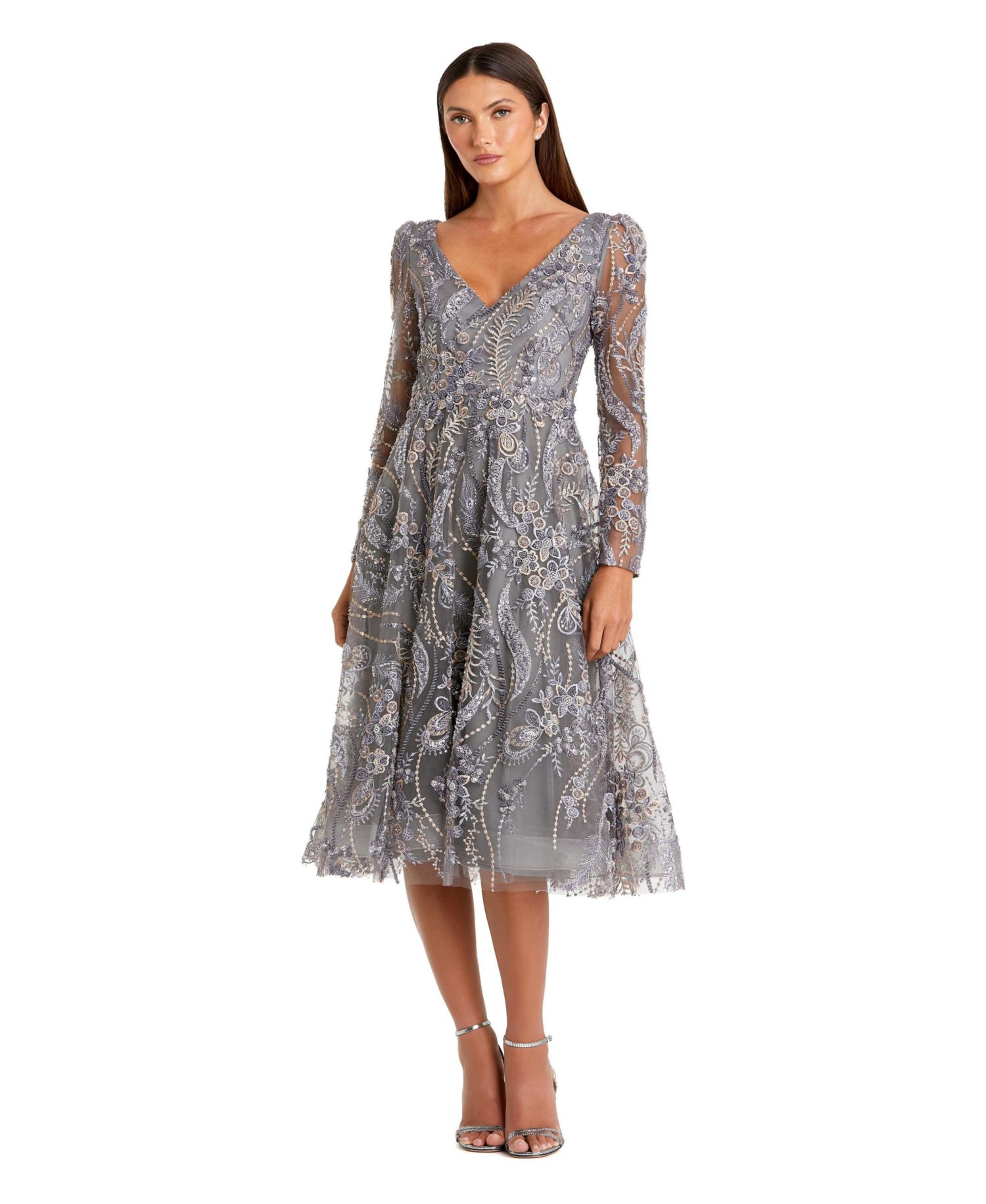 Women's Floral Embroidered Long Sleeve V Neck Midi Dress