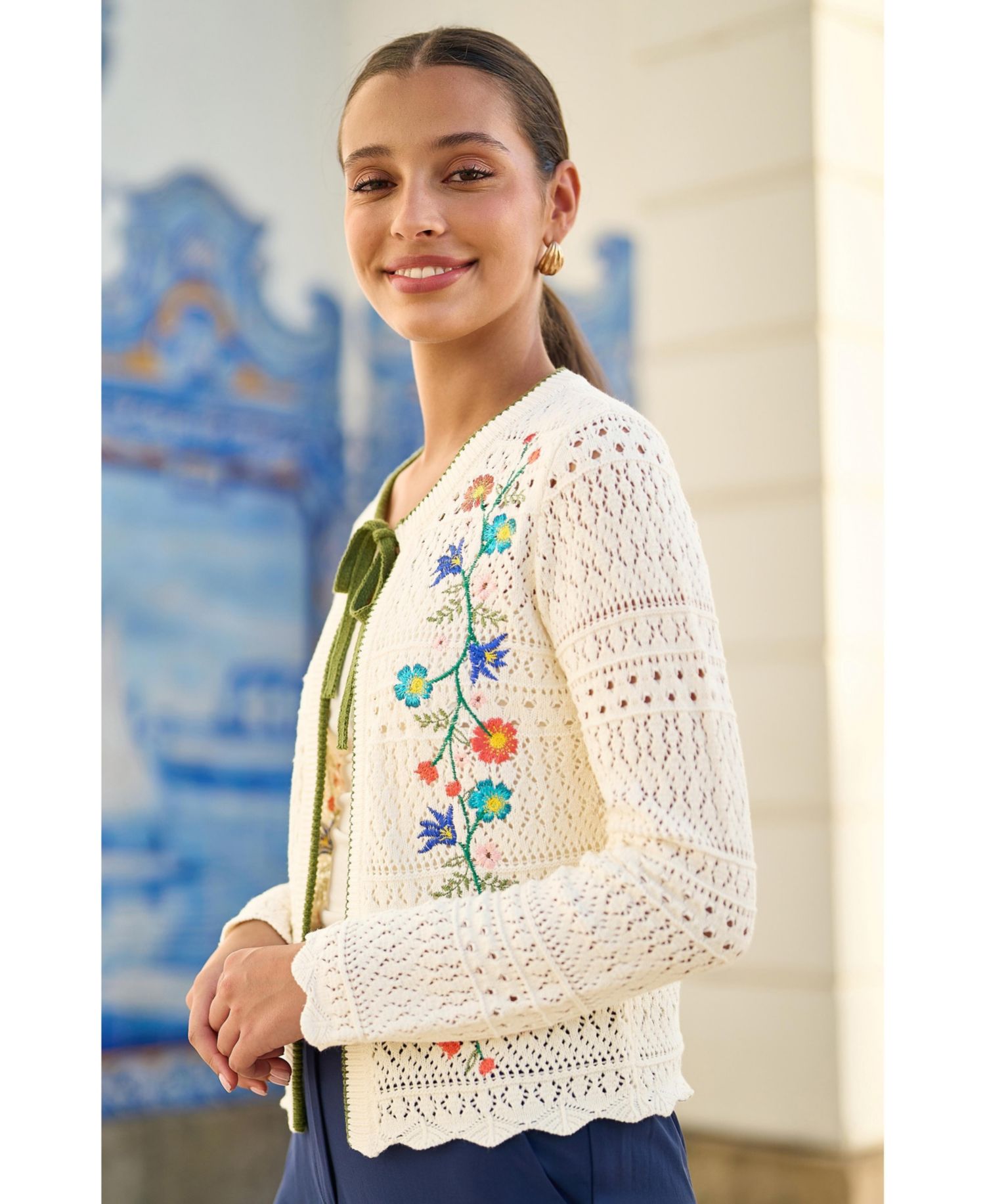 Women's Crochet Knitted Tie Front Cardigan