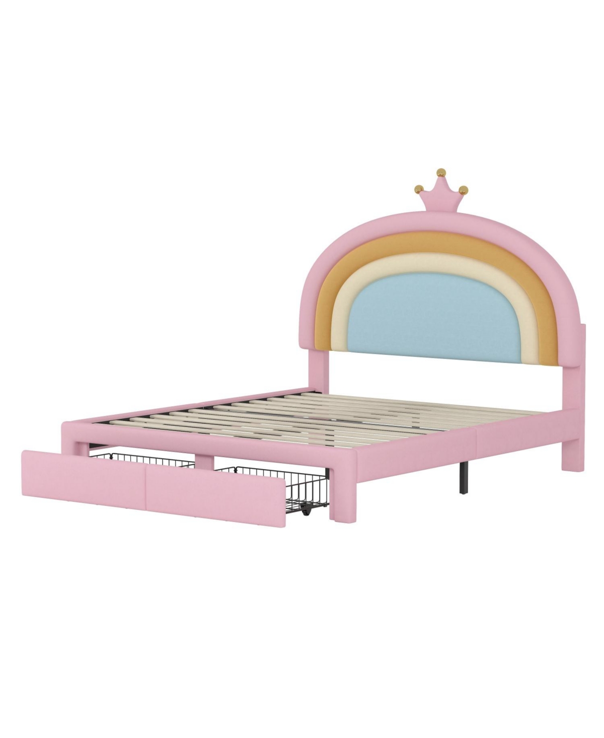 Rainsken Upholstered Kids Bed Frame with Drawer, Rainbow Design Platform Bed, Velvet Princess Bed, No Box-Spring Needed
