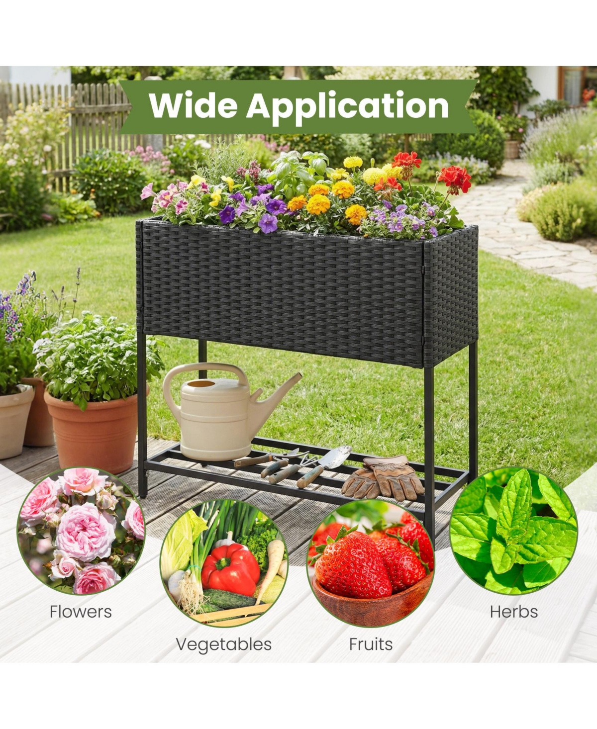 Gymax Elevated Planter Box Raised Garden Bed Rattan Surface Bottom Storage Shelf