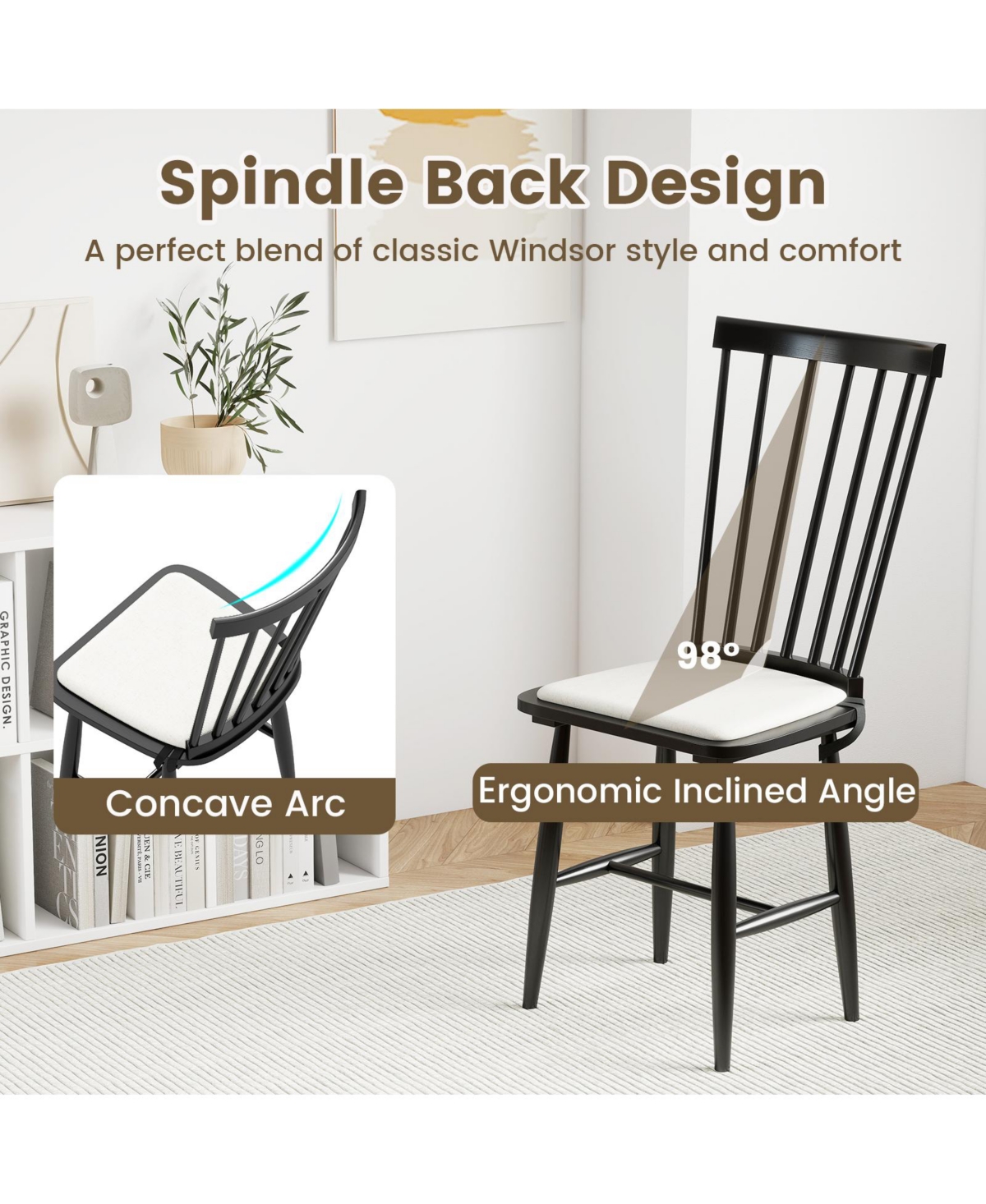 Slickblue Farmhouse Windsor Dining Chairs Set of 2 with Seat Cushions