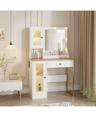 Makeup Vanity Desk with Mirror and RGB LED Lights, Charging Station, 2 Acrylic-Door Cabinets, Open Compartments, Wooden Dressing Table