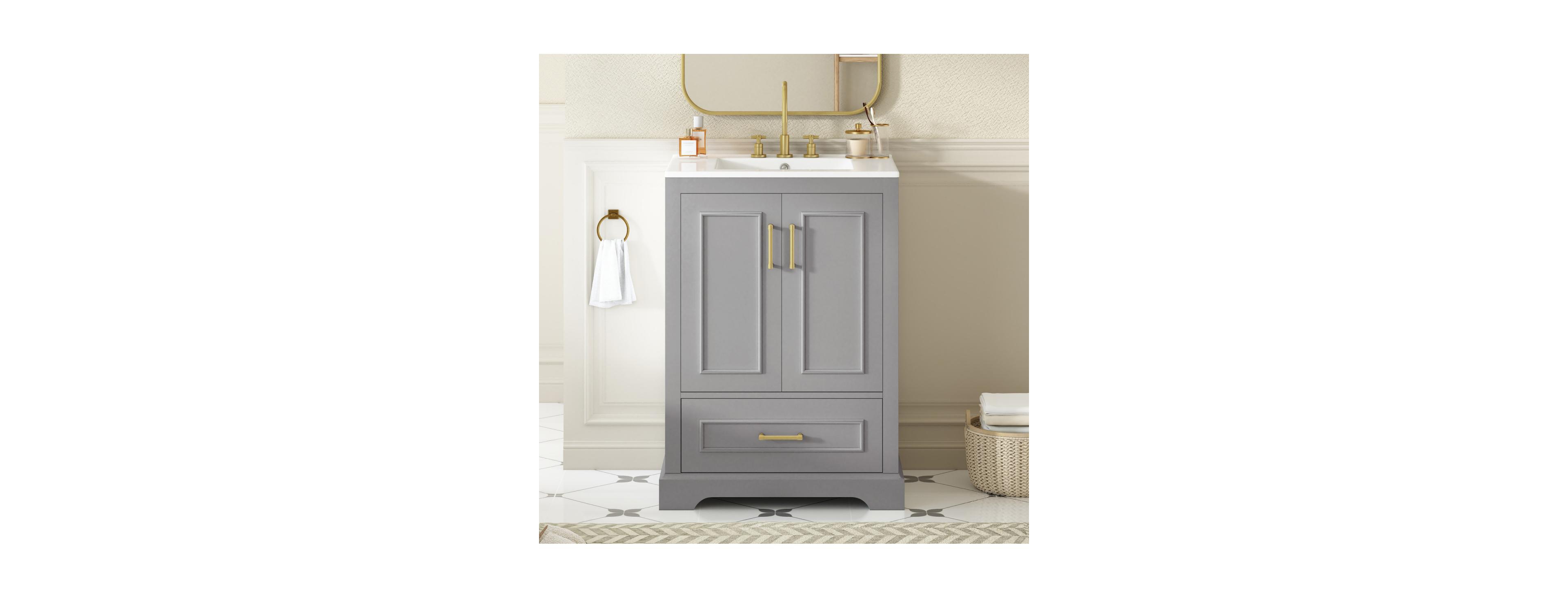Sillysis 24 Inch Bathroom Vanity with Ceramic Sink, Solid Wood Cabinet, Soft Close Doors and Divided Drawer for Small Bathrooms