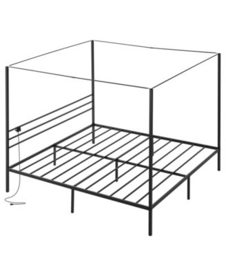 King Canopy Bed Frame Metal Four Poster with Charging Station and Storage