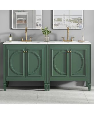 60 Inch Vintage Double Sink Bathroom Vanity Set, Ceramic Top, Soft Close Doors, Adjustable Shelves for Bathroom