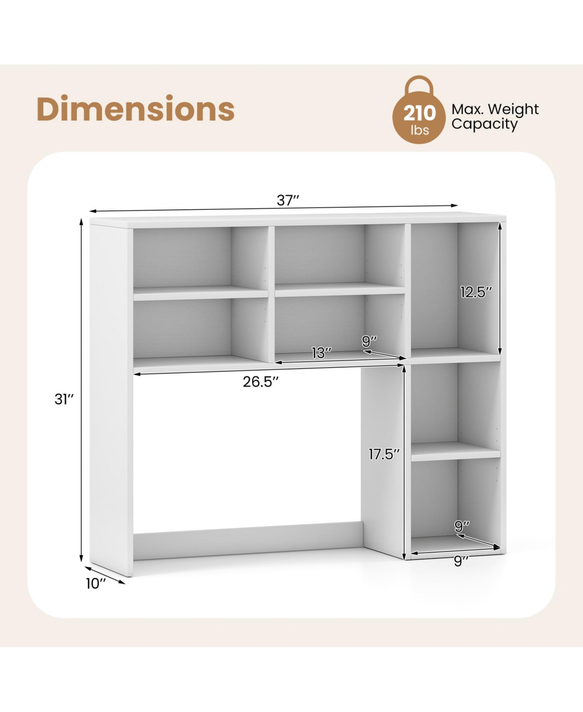 Slickblue Desktop Bookshelf with 7 Cubbies and 3 Adjustable Shelves