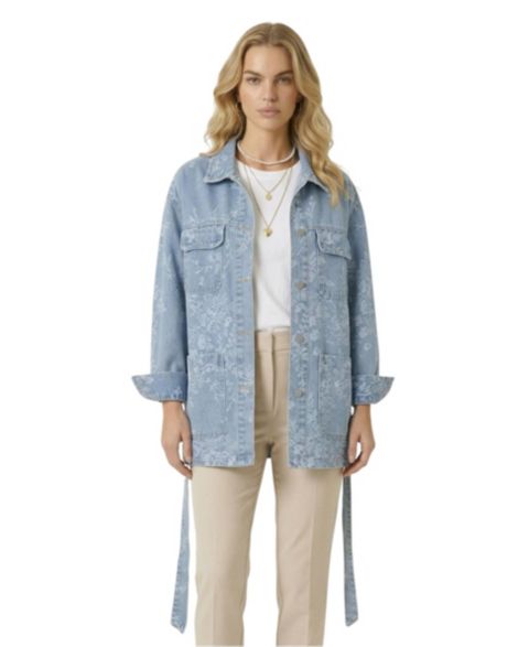 Женские куртки Modenaire Women's Floral Jacquard Belted Waist Jacket