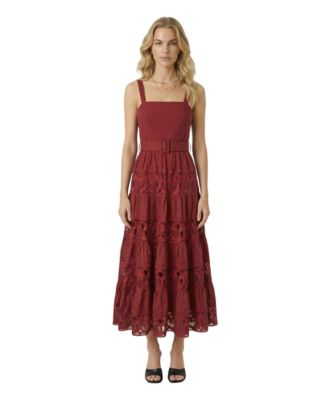 Women's Belted Tiered Lace Midi Dress