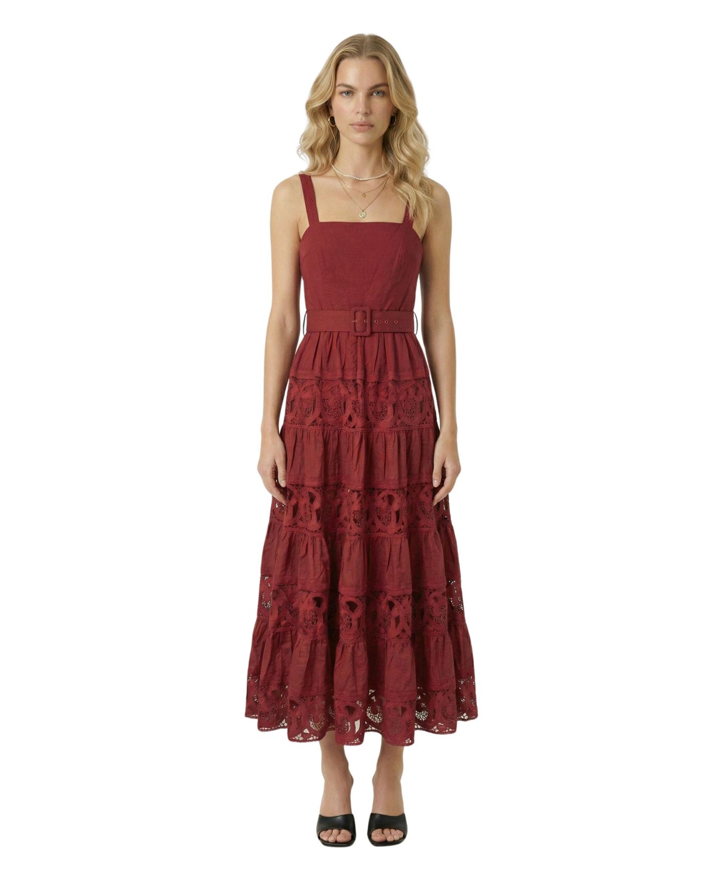 Женское платье Modenaire Belted Tiered Lace Square-Neck Midi — фото 1
