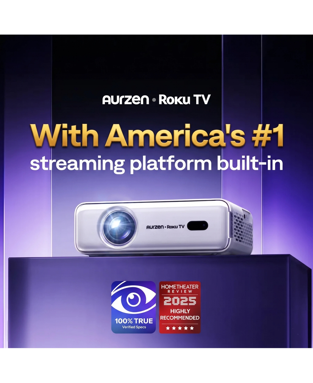 Aurzen Portable Mini Roku Tv Projector with Carrying Case, Roku Built-in, Dustproof Tech, 1080p Fhd, DoIby Audio, Auto Focus and Keystone