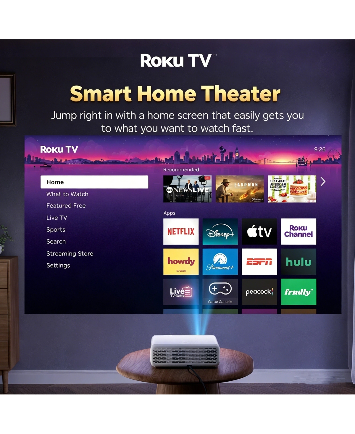 Aurzen Portable Mini Roku Tv Projector with Carrying Case, Roku Built-in, Dustproof Tech, 1080p Fhd, DoIby Audio, Auto Focus and Keystone