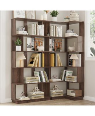 5 Tier L Shaped Bookcase, Modern Geometric Bookcase, Wood Corner Bookshelf, for Home Office, Living Room, Bedroom