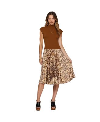 Women's Animal Print Pleated High-Neck Midi Dress