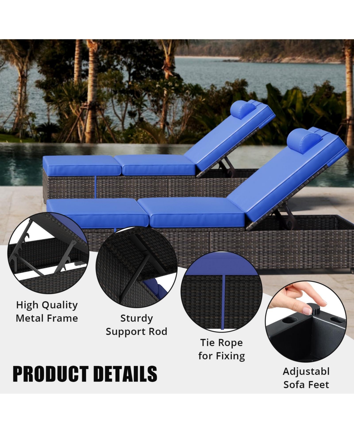 homfan Outdoor Pe Wicker Chaise Lounge Chairs Set of 2, Adjustable Reclining Brown with Cushions, Removable Table Top, Ideas for Patio, Poolside