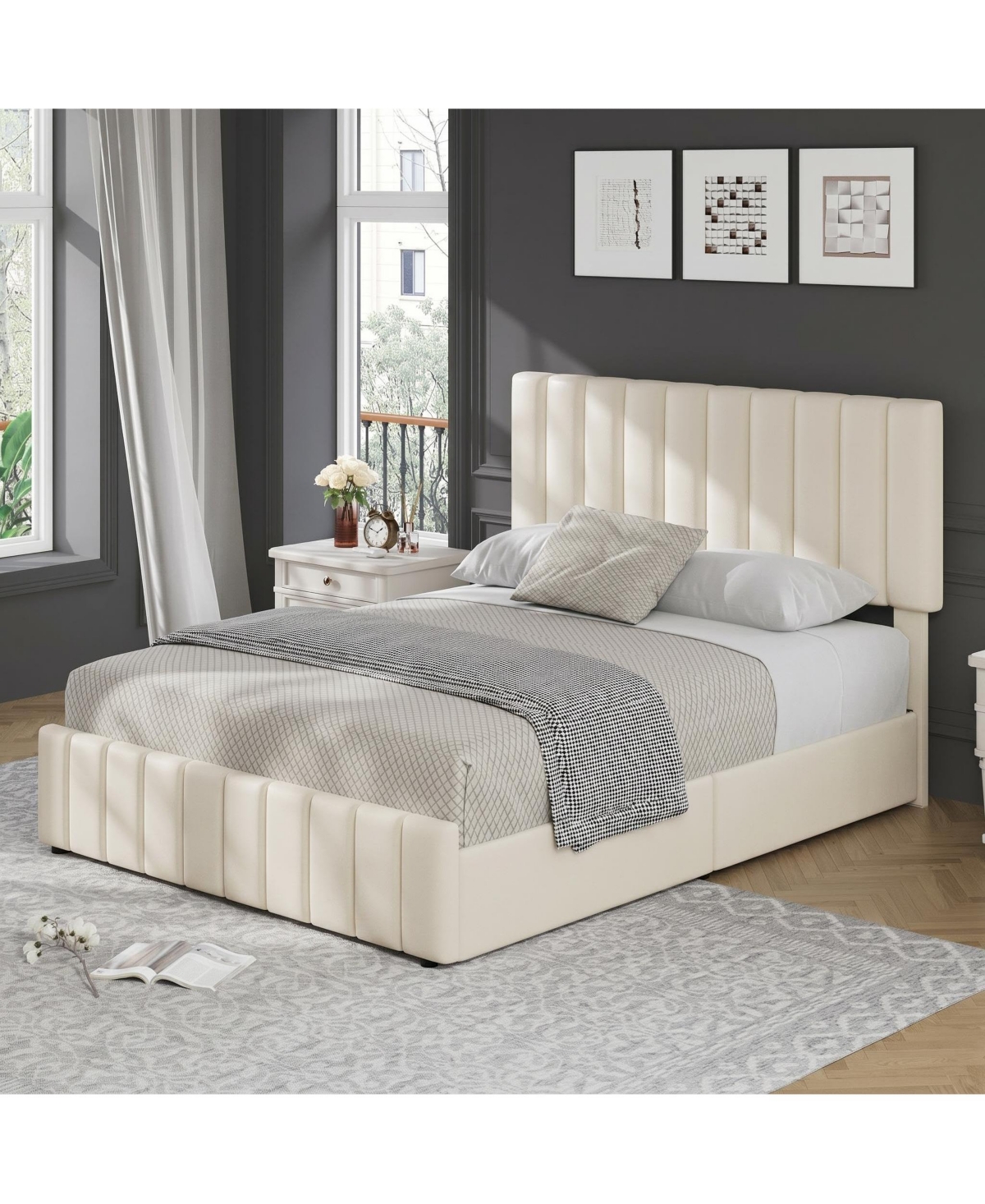 Gaomon Linen Upholstered Platform Bed Frame, 4 Storage Drawers, Adjustable Height Headboard, No Box Spring Needed