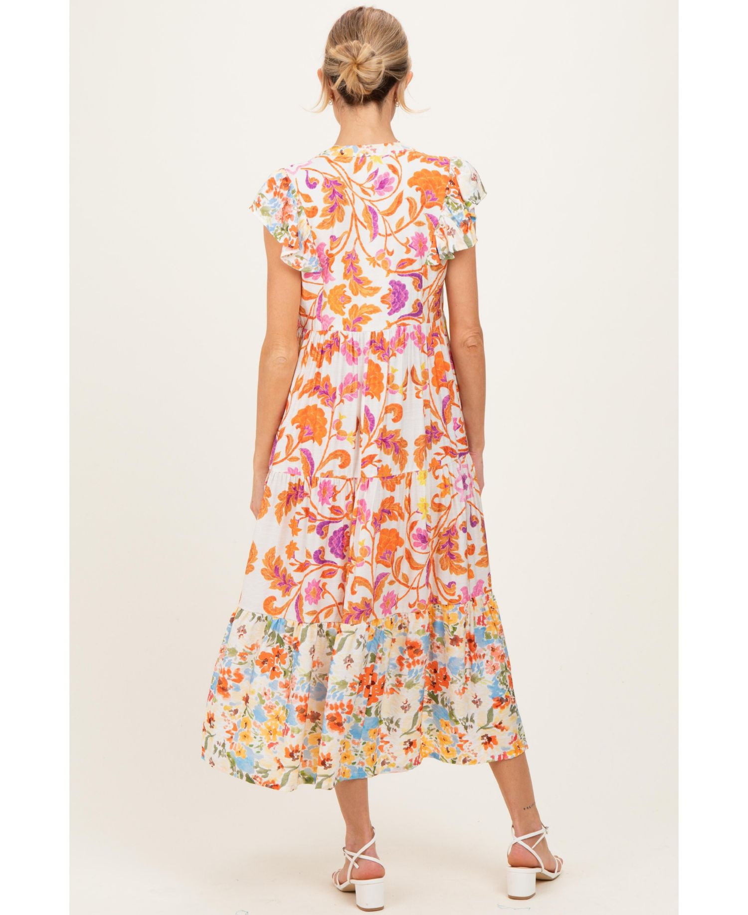 Women's Orange Colorblock Floral Tassel Front Tie Dress