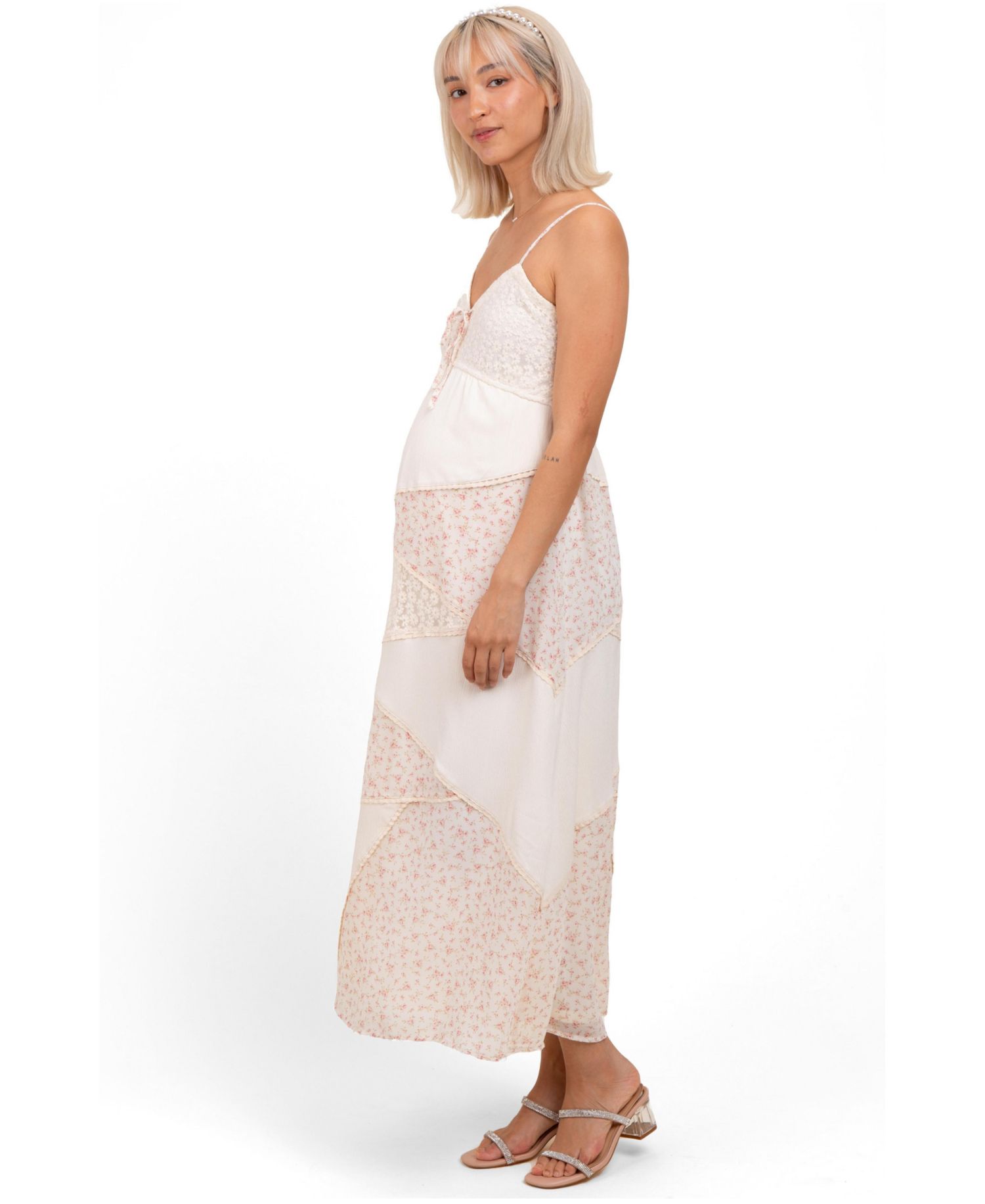 Women's Cream Floral Sweetheart Neck Midi Dress