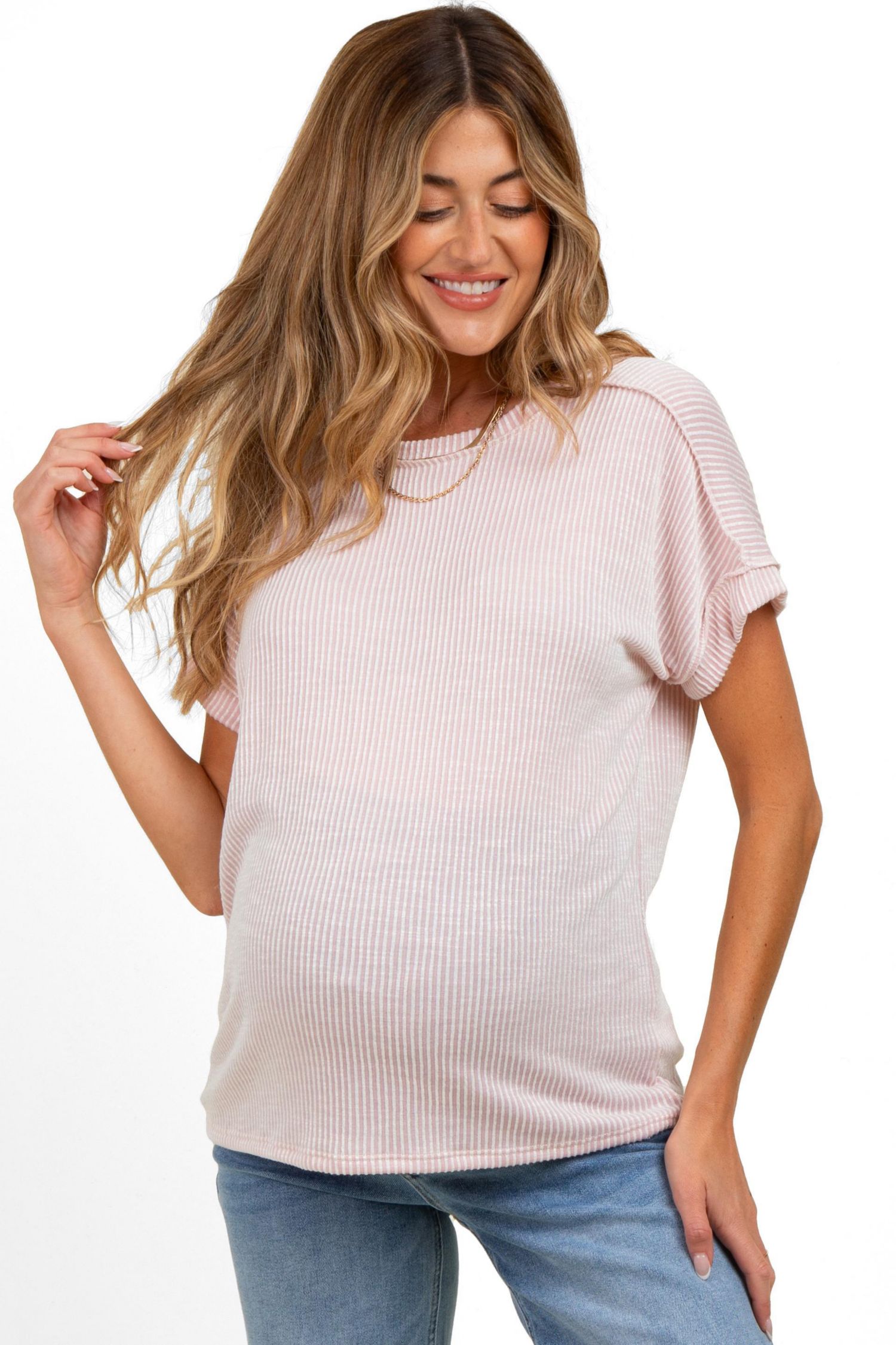 Women's Pink Ribbed Exposed Seam Short Sleeve Top