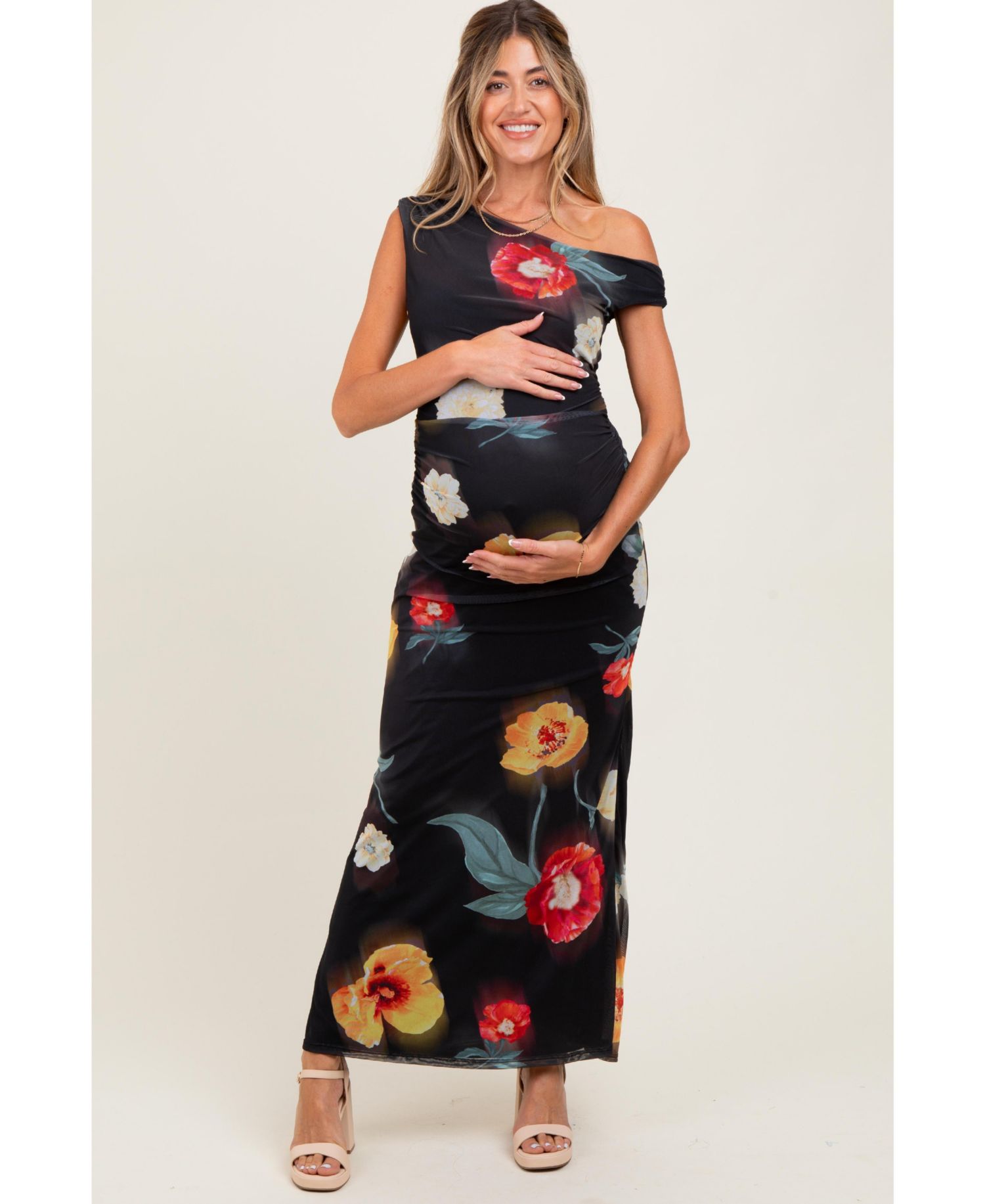 Women's Black Mesh Floral One Shoulder Maxi Dress
