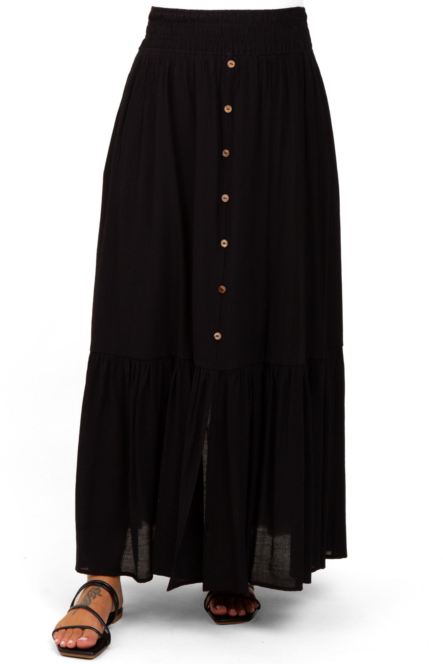 Women's Black Smocked Waist Button Accent Maxi Skirt