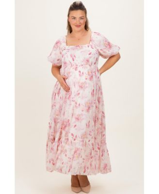 Plus Size Red Floral Puff Sleeve Maxi Dress
