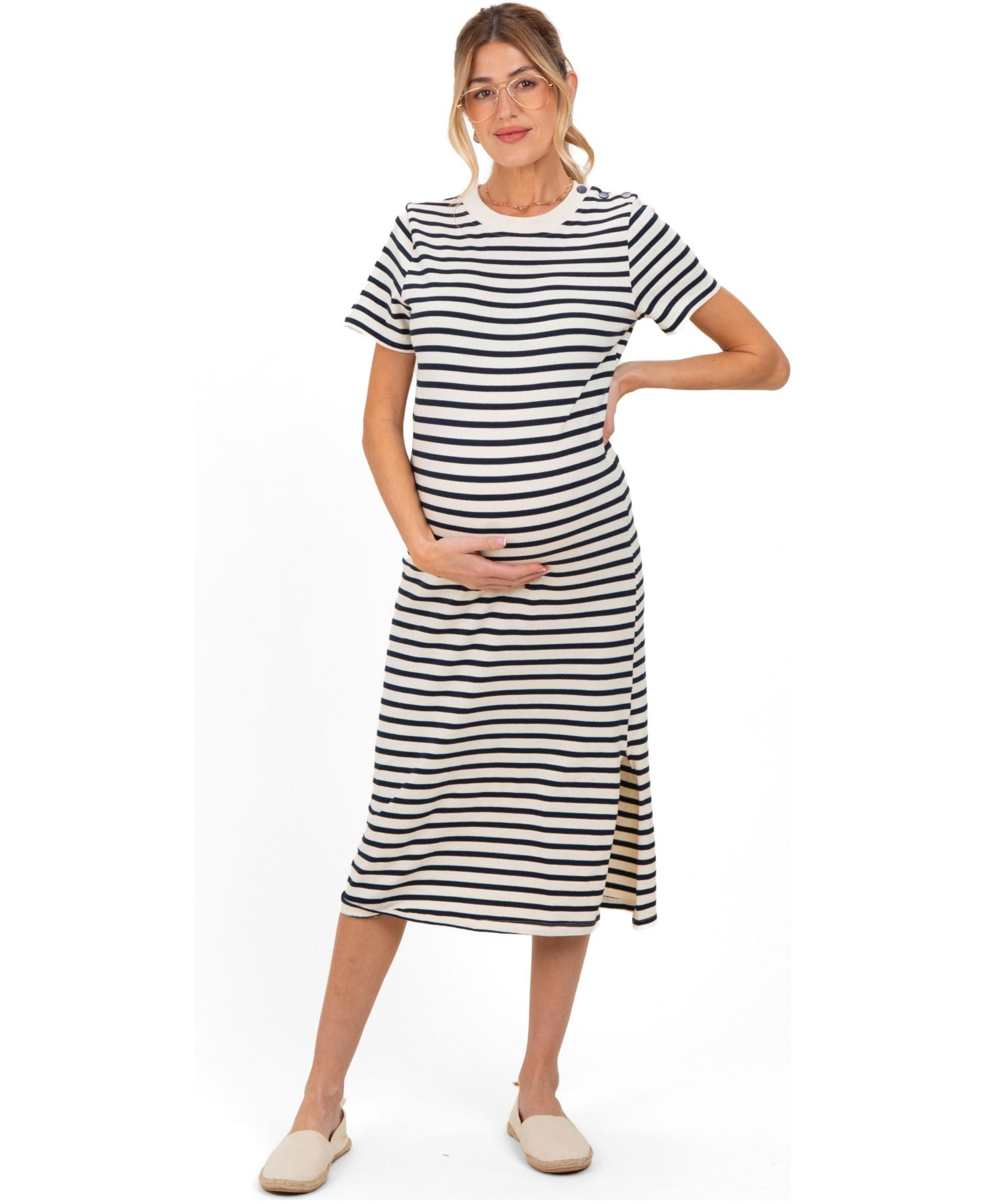 Women's Navy Striped Short Sleeve Midi Dress