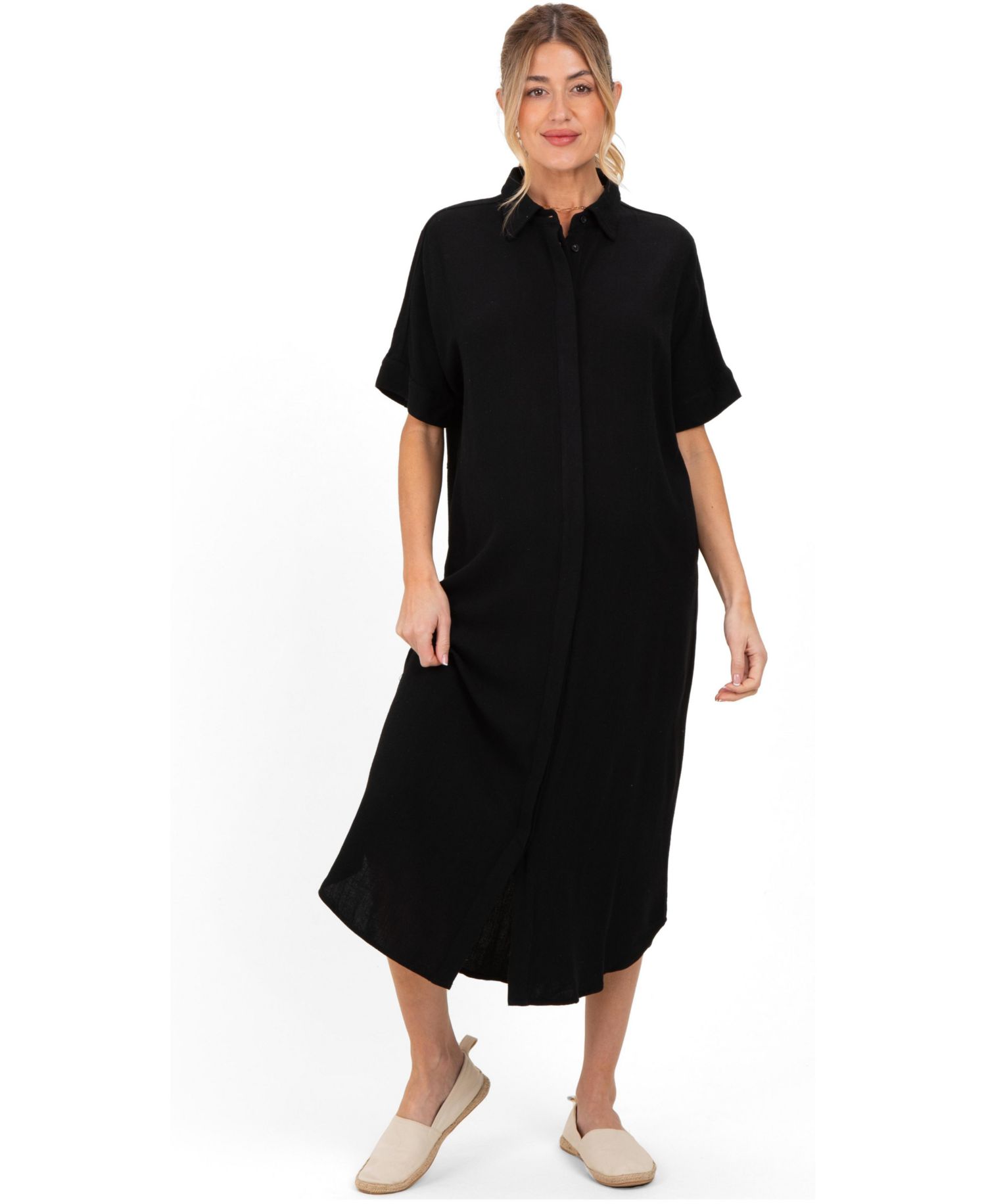 Women's Black Button Down Midi Shirt Dress