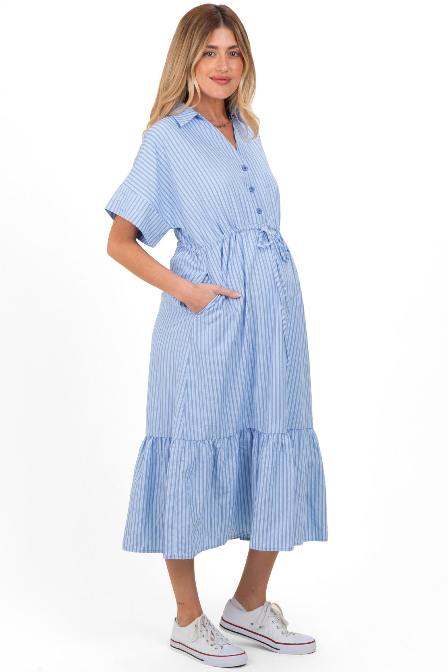 Women's Light Blue Striped Button Collared Midi Dress