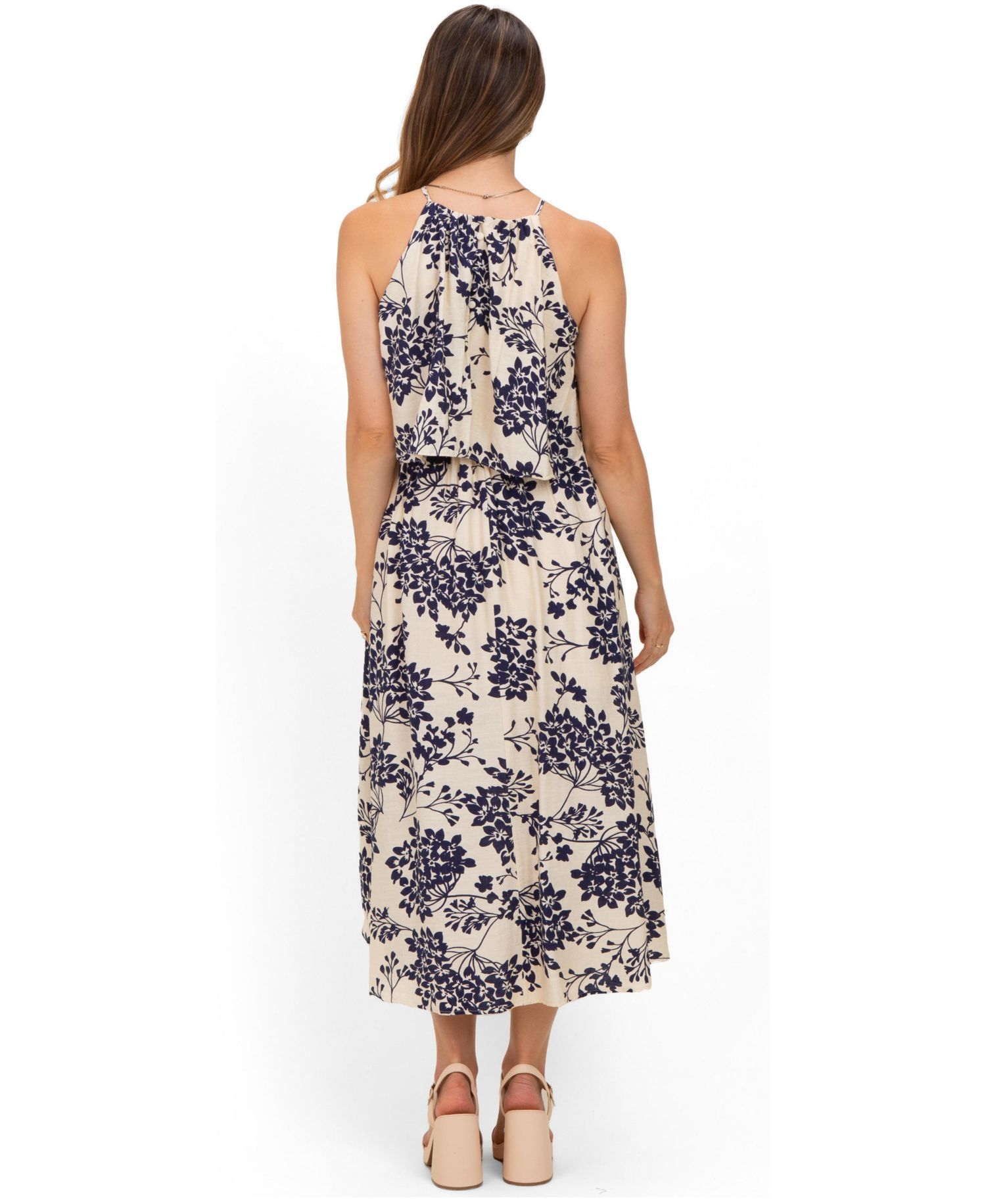 Women's Navy Floral Flounce Halter Midi Dress