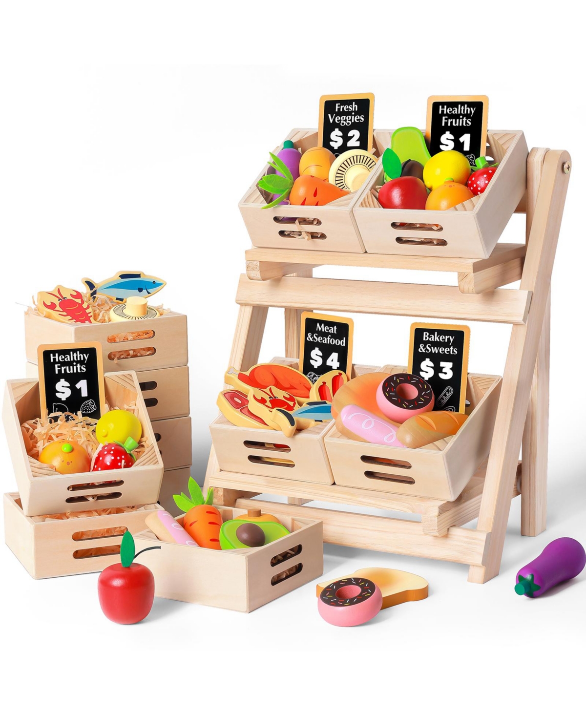 Tiny Land Play Kitchen Accessories – Wooden Play Food for Play Kitchen: Pretend Cooking Set for Kids