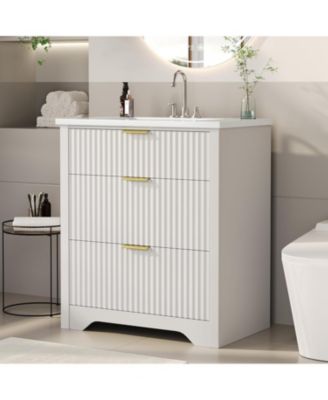 Fluted Farmhouse Freestanding Bathroom Vanity with Sink, 2 Drawers, Flip-Down Top, Space-Saving Storage