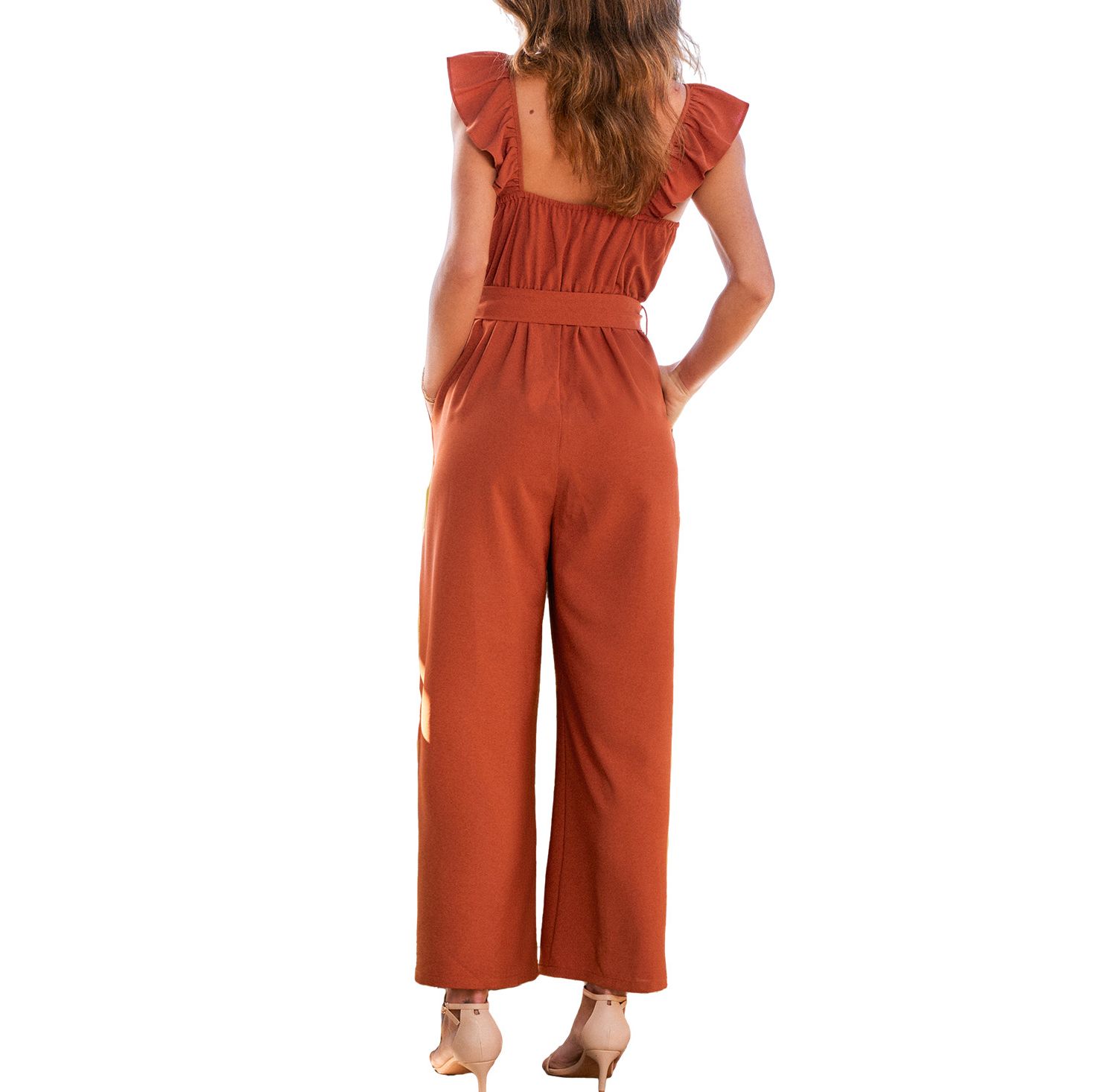 Women's Ruffle Waist Tie-Front Wide Leg Jumpsuit