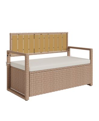 Home Wicker Storage Bench, Rattan Patio Storage Chest with Cushion Seat and Hidden Compartment