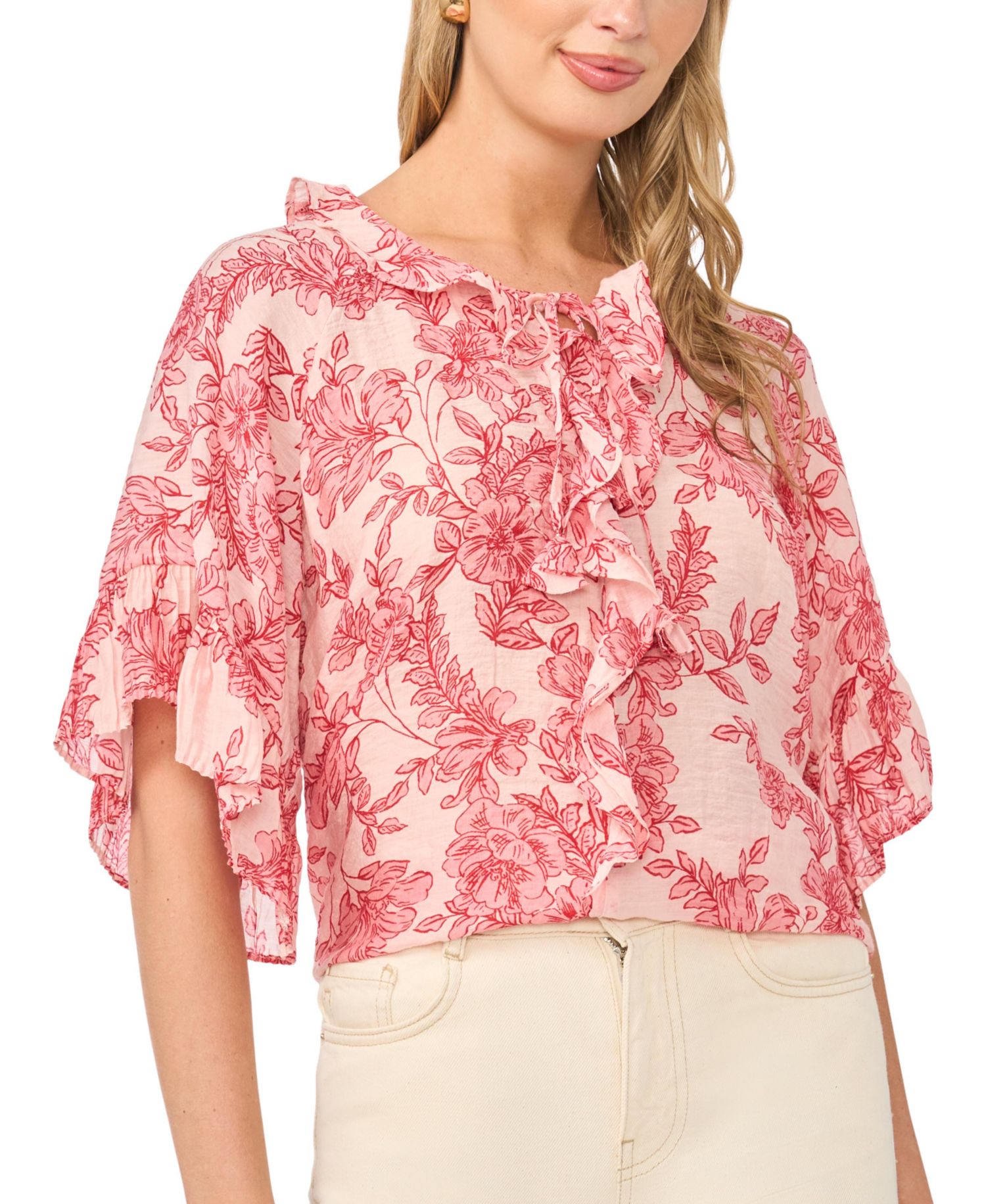 Women's Printed Crewneck Ruffle Front Top